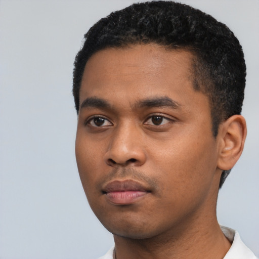 Neutral black young-adult male with short  black hair and brown eyes