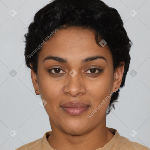 Joyful latino young-adult female with short  black hair and brown eyes
