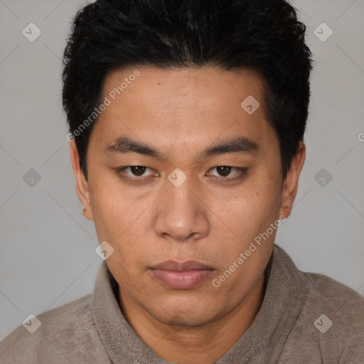 Neutral asian young-adult male with short  black hair and brown eyes