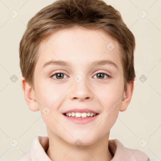 Joyful white child female with short  brown hair and brown eyes