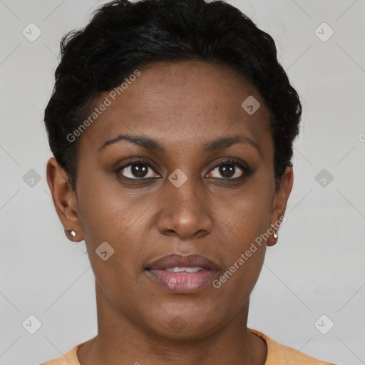 Joyful black young-adult female with short  brown hair and brown eyes