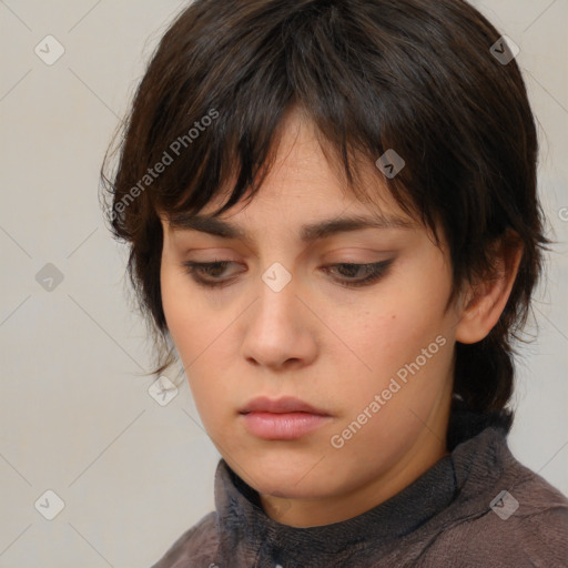 Neutral white young-adult female with medium  brown hair and brown eyes