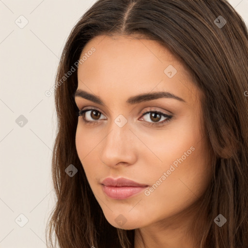 Neutral white young-adult female with long  brown hair and brown eyes