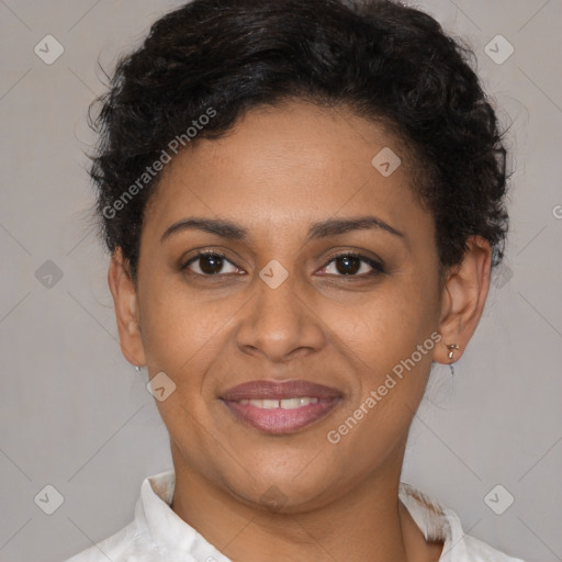 Joyful latino young-adult female with short  brown hair and brown eyes