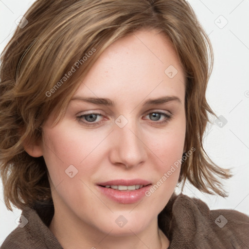 Joyful white young-adult female with medium  brown hair and blue eyes