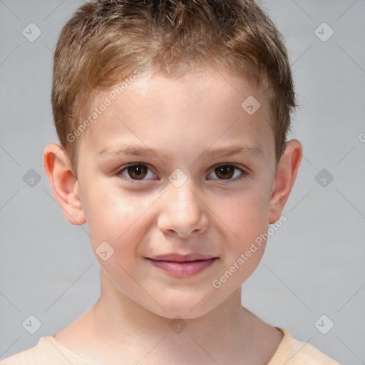 Joyful white child male with short  brown hair and brown eyes