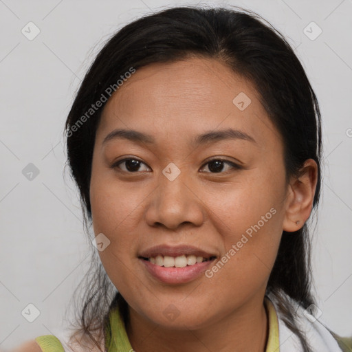 Joyful white young-adult female with medium  brown hair and brown eyes