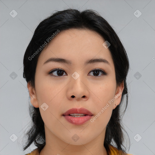 Neutral asian young-adult female with medium  black hair and brown eyes