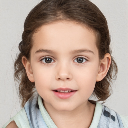 Neutral white child female with medium  brown hair and blue eyes