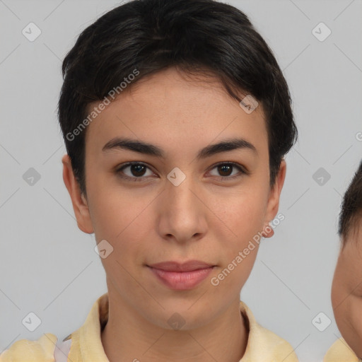 Neutral asian young-adult female with short  brown hair and brown eyes