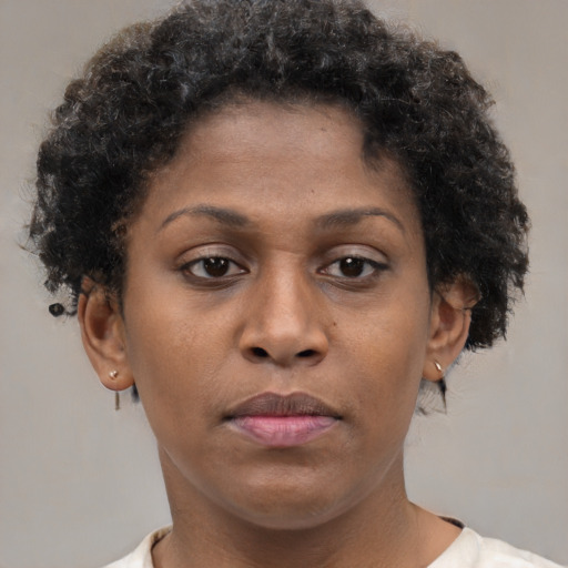 Neutral black young-adult female with short  brown hair and brown eyes