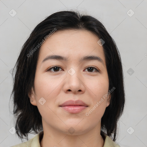 Neutral asian young-adult female with medium  brown hair and brown eyes