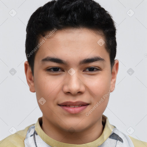 Joyful latino young-adult male with short  brown hair and brown eyes