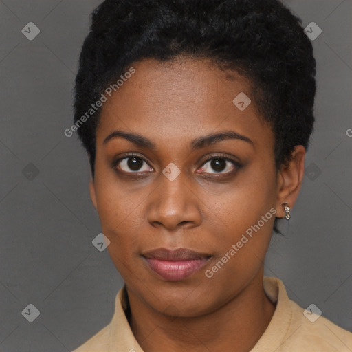 Neutral black young-adult female with short  brown hair and brown eyes