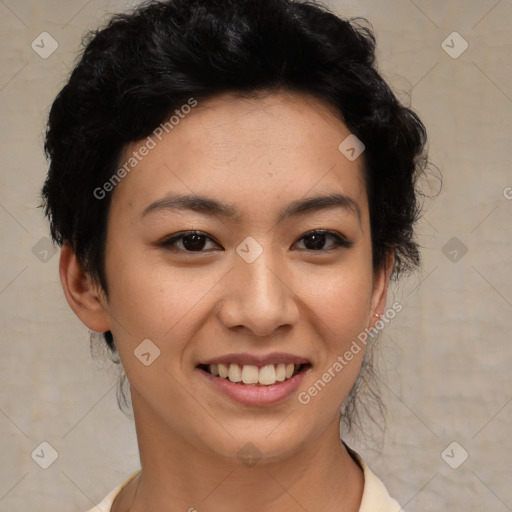 Joyful latino young-adult female with short  black hair and brown eyes