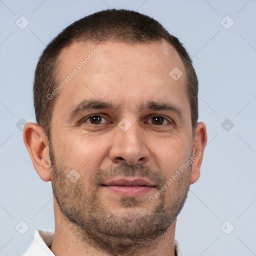 Neutral white adult male with short  brown hair and brown eyes