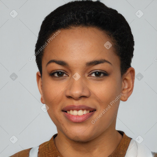 Joyful latino young-adult female with short  brown hair and brown eyes