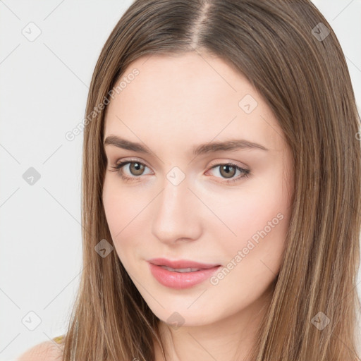 Neutral white young-adult female with long  brown hair and brown eyes