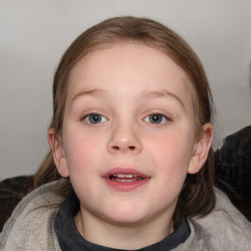 Joyful white child female with medium  brown hair and blue eyes