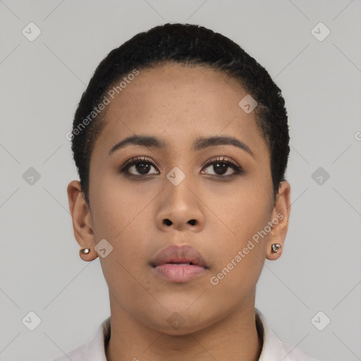 Neutral asian young-adult female with short  black hair and brown eyes