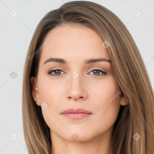 Neutral white young-adult female with long  brown hair and brown eyes