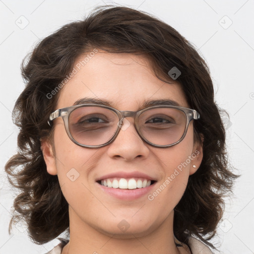 Joyful white young-adult female with medium  brown hair and blue eyes