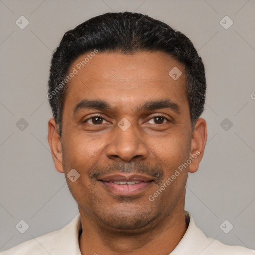 Joyful latino adult male with short  black hair and brown eyes