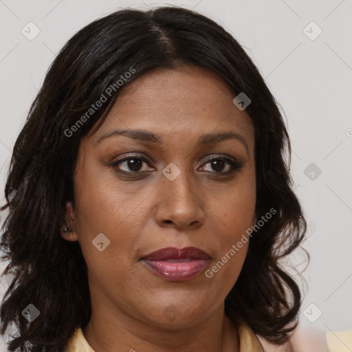 Joyful white adult female with medium  brown hair and brown eyes