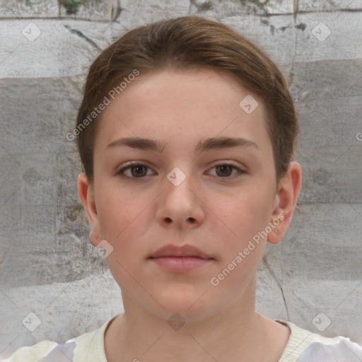 Neutral white child female with short  brown hair and brown eyes