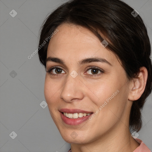 Joyful white young-adult female with medium  brown hair and brown eyes