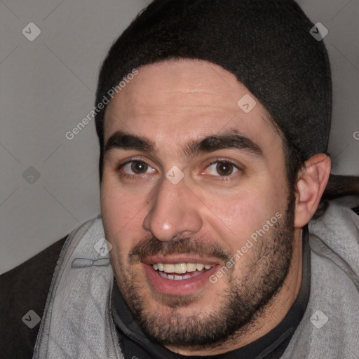 Joyful white adult male with short  black hair and brown eyes