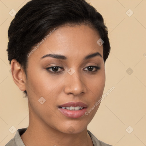 Joyful latino young-adult female with short  brown hair and brown eyes