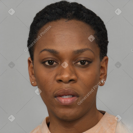 Neutral black young-adult female with short  black hair and brown eyes