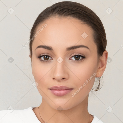 Neutral white young-adult female with medium  brown hair and brown eyes