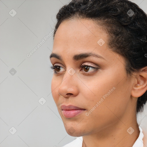 Neutral white young-adult female with short  brown hair and brown eyes