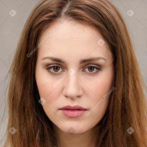 Neutral white young-adult female with long  brown hair and brown eyes