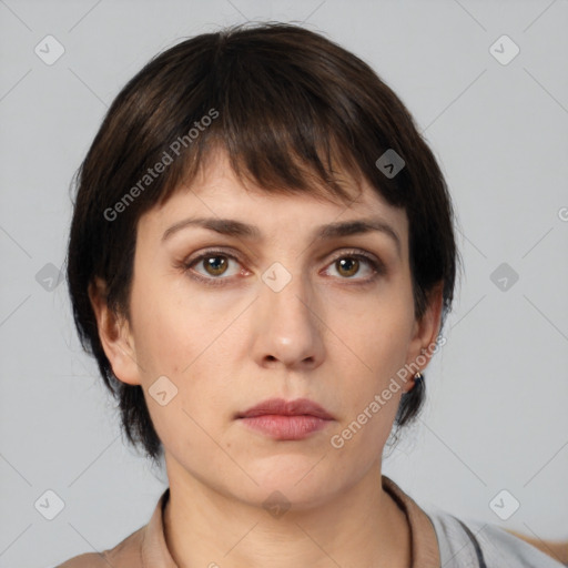 Neutral white young-adult female with medium  brown hair and brown eyes