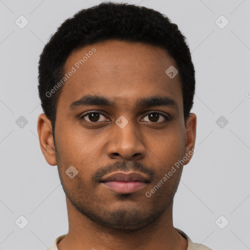 Neutral black young-adult male with short  black hair and brown eyes