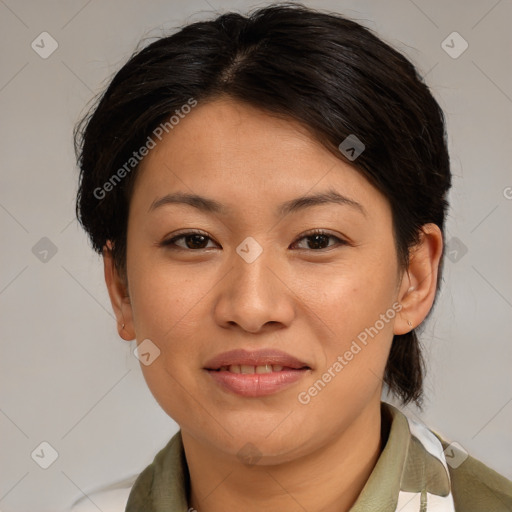 Joyful asian young-adult female with medium  brown hair and brown eyes