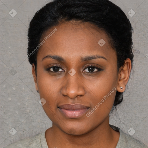 Neutral black young-adult female with short  black hair and brown eyes