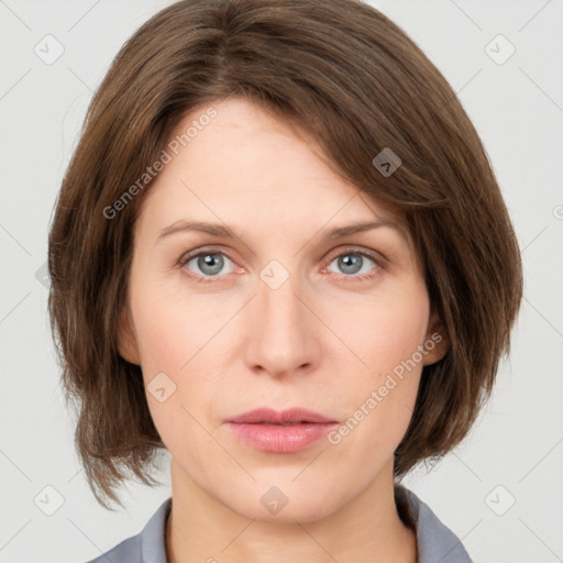 Neutral white young-adult female with medium  brown hair and grey eyes