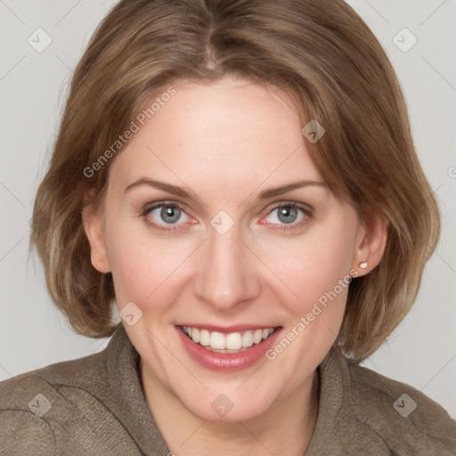 Joyful white young-adult female with medium  brown hair and blue eyes