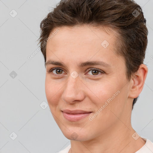 Joyful white young-adult female with short  brown hair and brown eyes