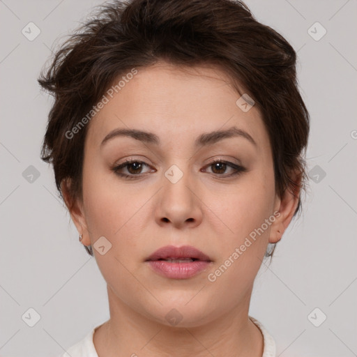 Neutral white young-adult female with short  brown hair and brown eyes