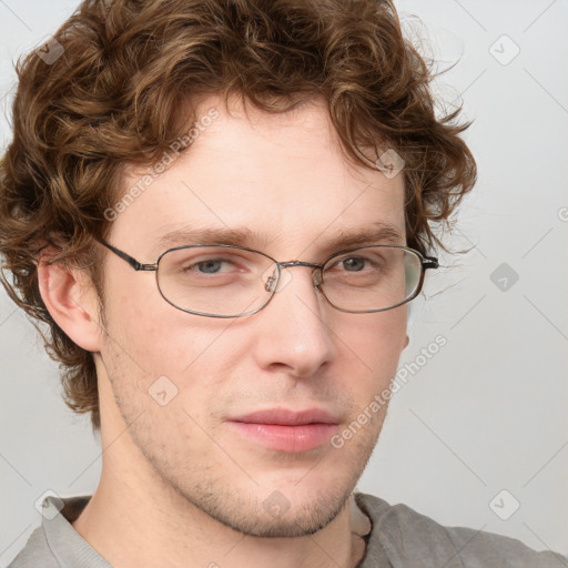 Neutral white young-adult male with short  brown hair and grey eyes