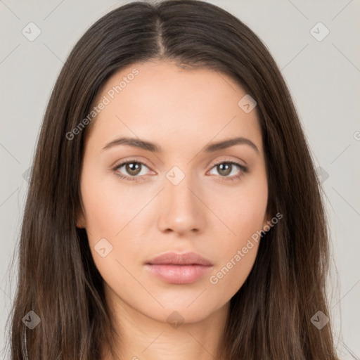 Neutral white young-adult female with long  brown hair and brown eyes