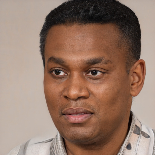 Joyful black young-adult male with short  black hair and brown eyes