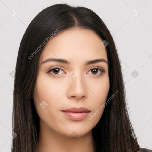 Neutral asian young-adult female with long  brown hair and brown eyes