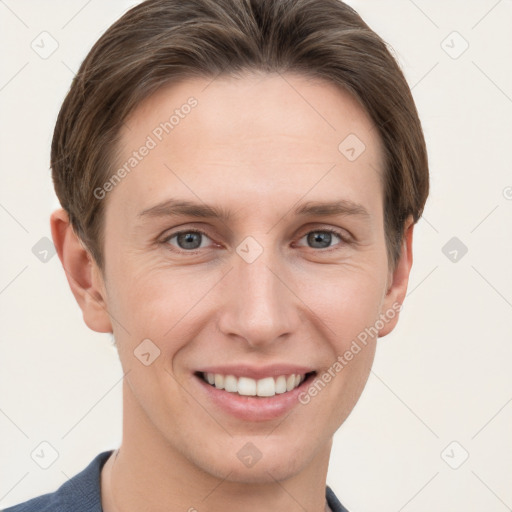 Joyful white young-adult female with short  brown hair and grey eyes