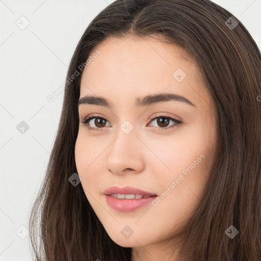 Neutral white young-adult female with long  brown hair and brown eyes